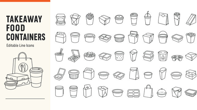 A vector collection of takeaway food containers and meal packaging line icons. Ideal for restaurant delivery apps, menu design, food services, and catering business branding projects.