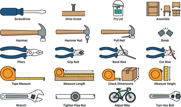 Hand tools and hardware utility icon set featuring screwdriver hammer pliers tape measure and wrench for diy home improvement instructions presentation template