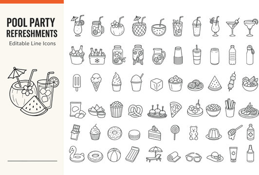Vector set of pool party refreshments, summer drinks, snacks, and vacation icons. Perfect for restaurant menus, food apps, social media, and summer event designs.