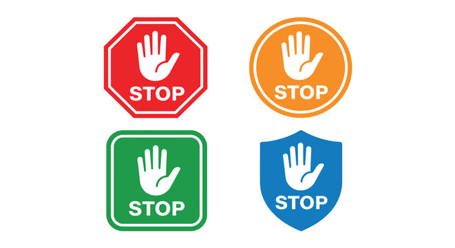 Stop Signs With Hand Symbols Flat Vector Illustration