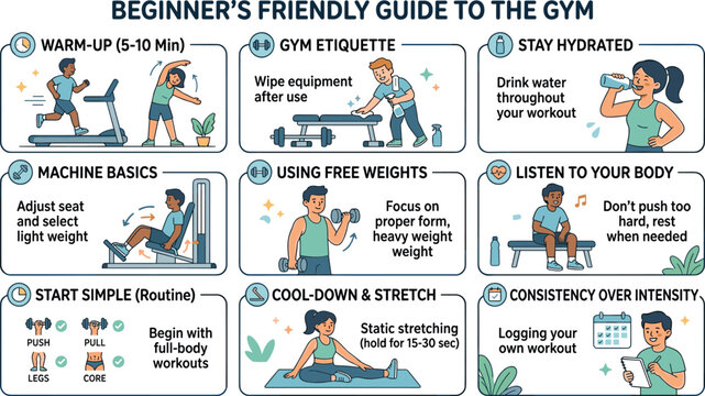 Beginner fitness and gym guide infographic vector chart detailing workout routines, training safety, etiquette, and consistency habits for commercial health center marketing.