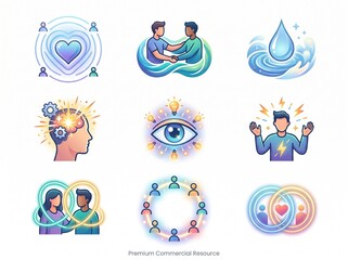 Fototapeta premium Collection of nine abstract icons representing human connection, mental well-being, community, and personal growth concepts.