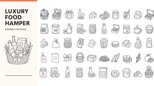 A collection of luxury food hamper vector icons featuring gourmet snacks, drinks, and gift items. Perfect for food retail, e-commerce, branding, packaging, and menu design projects.