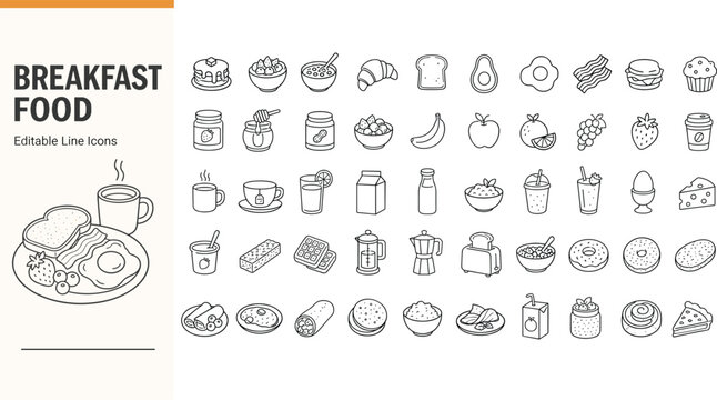 Vector illustration set of breakfast food line icons. Includes coffee, toast, eggs, fruits, and morning meals. Clean, scalable design for menus, apps, and culinary websites.