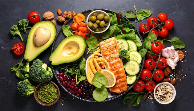 vibrant healthy meal with grilled salmon, avocado, fresh vegetables, and various grains, rich in nutrients and flavor, perfect for diet and wellness content