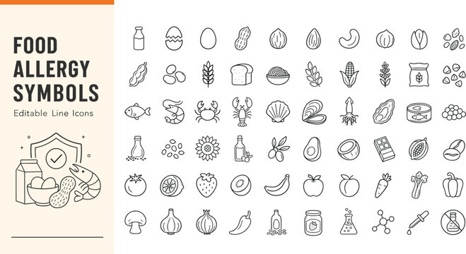 A collection of food allergy icons and healthy diet symbols featuring outline vector illustrations for nutrition, culinary, medical, and restaurant menu design.