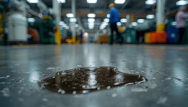 A close-up of a dark machine oil spill on an industrial factory floor with workers blurred in the background. Concepts of workplace safety, industrial maintenance, hazard prevention.