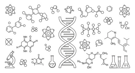Naklejka premium DNA and Science Line Art Collection: Vector Outlines of Molecules and Atoms