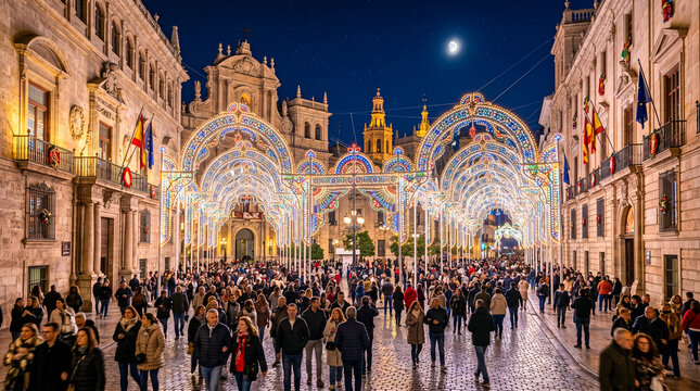 Arcos de luces decorativas transforman una calle en un espect&aacute;culo festivo nocturno.