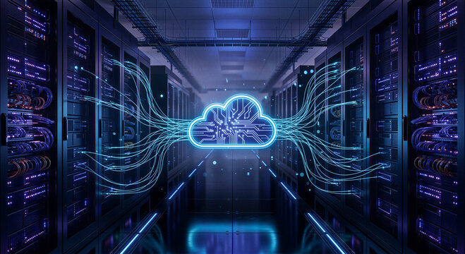 Glowing circuit cloud connected with wavy fiber optic lines in dark server room for data stream concept