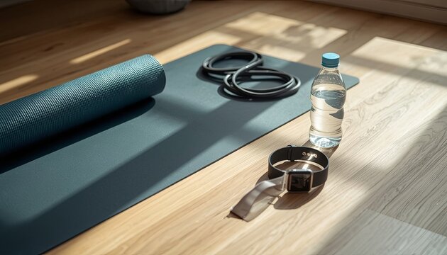 A home fitness area featuring a yoga mat, resistance bands, smartwatch, and water bottle in natural sunlight. Concepts of healthy living, home workouts, wellness routines, and modern fitness tracking.