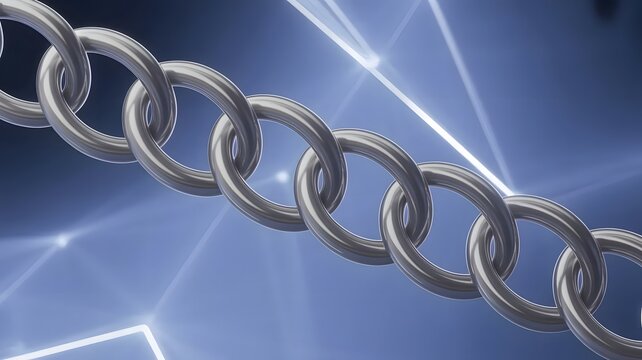 Interlocked silver rings floating on futuristic background &ndash; Great for partnership agreements, marriage counseling, or supply chain trust.