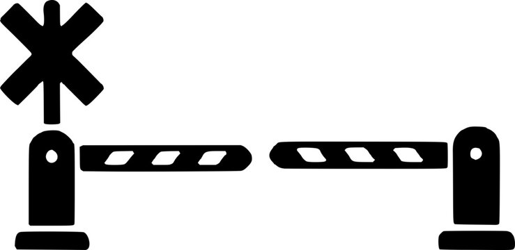 Black and white illustration of a railroad crossing gate with a warning sign, closed barrier arms, and striped warning pattern, symbolizing safety and caution.