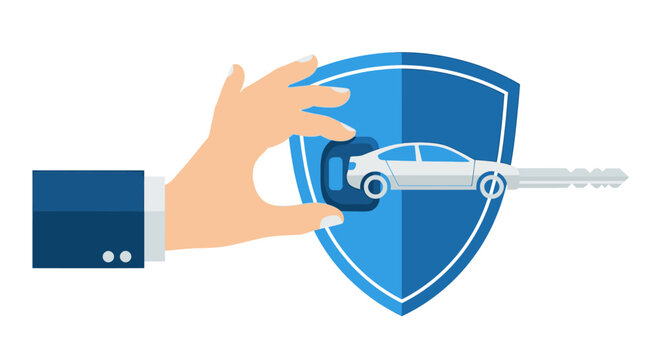 Car Insurance and Vehicle Protection Concept with Businessman Hand Holding Car Key over a Blue Shield