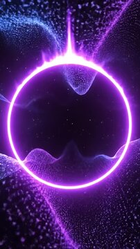 Bright purple neon ring with ethereal particle smoke background.