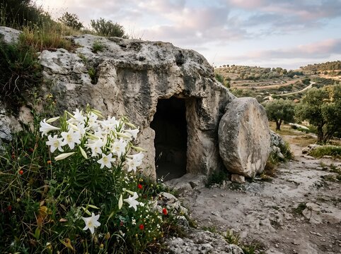 White lilies flank a stone tomb in soft dawn light, symbolizing Easter resurrection.