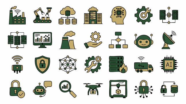 Industrial technology, AI, IoT, and data security vector icon set