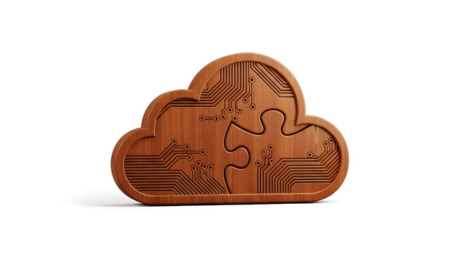 Wooden cloud computing icon featuring printed circuit board patterns and a puzzle piece fitting together