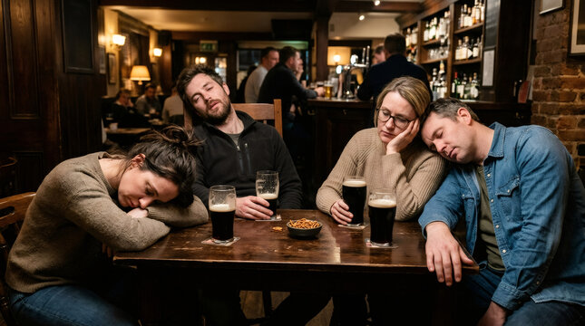 Two men and two women sleeping at a table in a pub after drinking beer. Tired friends resting together in a bar during a night out. Exhaustion, boredom and lifestyle concept.