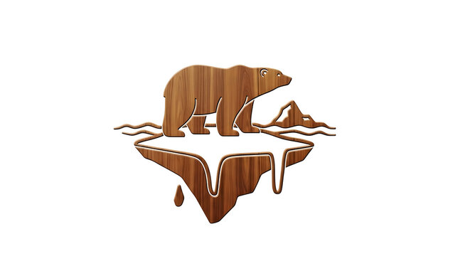Wooden craft polar bear standing on melting ice floe vector icon for climate change awareness