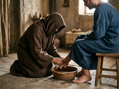 A robed figure gently washes the feet of another person in a humble, service-oriented biblical scene