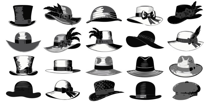 Collection of vintage hats with diverse styles and decorative elements on a white background