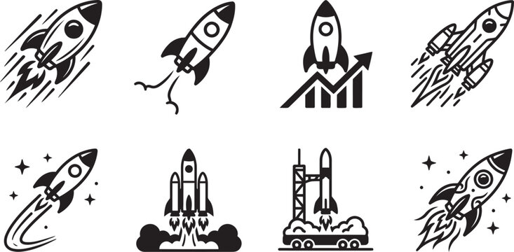 Dynamic rocket launch set featuring motion trails and launchpad structures for space exploration and startup business growth concepts
