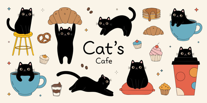 Cute black cats enjoying cafe treats with pastries and coffee during a lighthearted daytime scene
