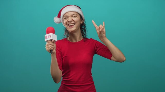 Woman wearing santa hat and red shirt holds a news microphone and makes rock hand sign in turquoise studio; festive cheer.