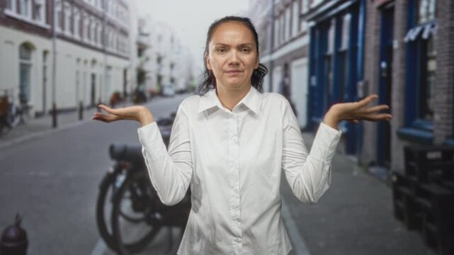 Woman in white shirt shrugs with palms up near a parked bicycle on a narrow street lined with brick buildings; uncertainty.