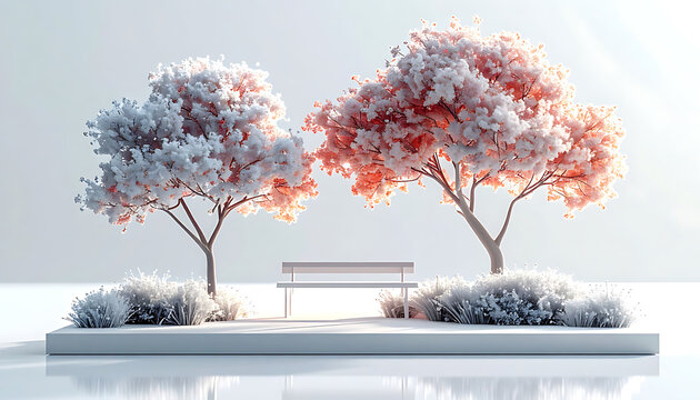 Two pixel art trees with colorful foliage and a bench in a minimalist park setting, soft light