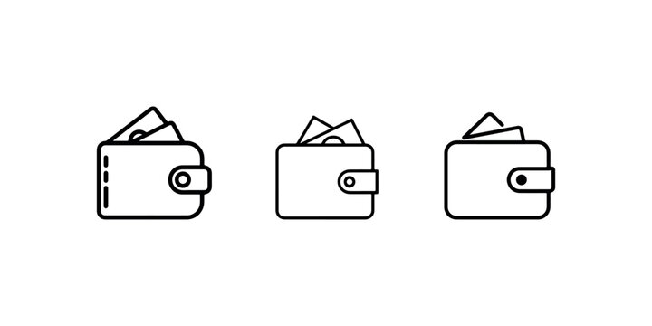 Wallet icons with cash money showing leather purse containing currency notes for banking savings finance payment method and personal wealth management set.