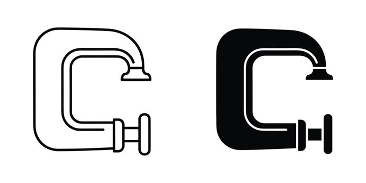 C clamp tool outline and solid silhouette for workshop or construction projects