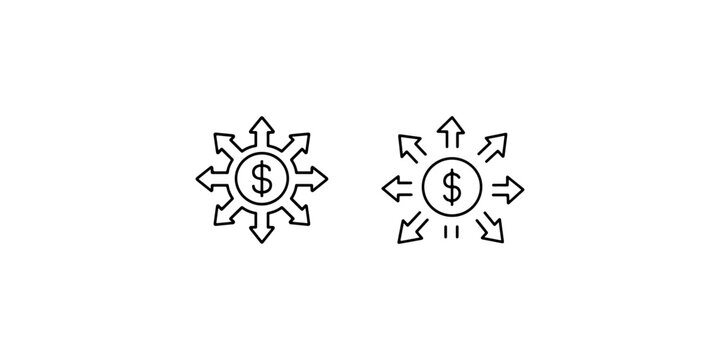 Money distribution concept, dollar sign with outgoing arrows representing financial spread income investment expansion icon simple outline art.