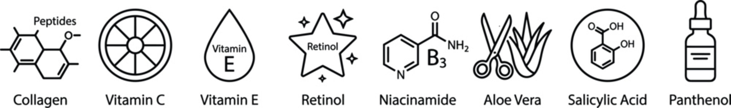 Skincare ingredient icons featuring collagen vitamin c vitamin e retinol niacinamide aloe vera salicylic acid and panthenol for cosmetic packaging design,