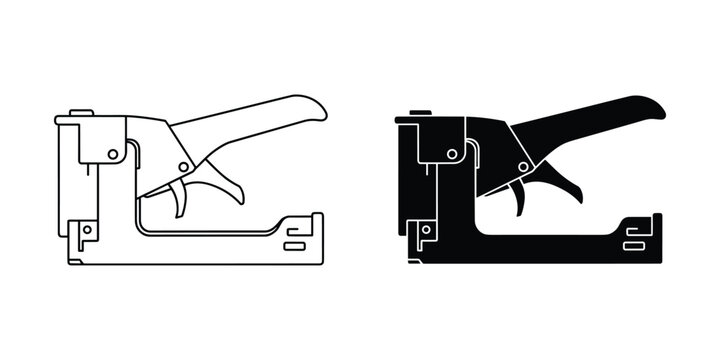 Heavy duty staple gun tool in outline and solid silhouette isolated on white background for design