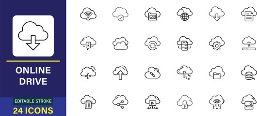 Fototapeta premium Cloud storage icons in a clean white line art style against a dark blue background for digital services