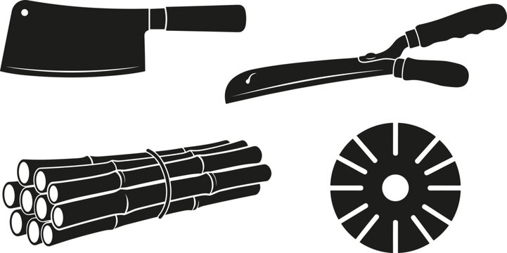 Sugarcane Harvesting and Processing Tool Silhouette Icon Set with Cleaver Machete Knife Cane Stalk Bundle and Sliced Round Ring Elements