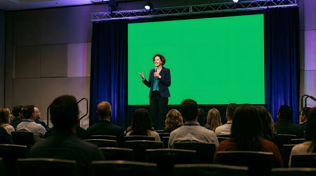 Businesswoman giving a presentation to an audience in front of a large green screen on stage in a conference room setting with blue curtains