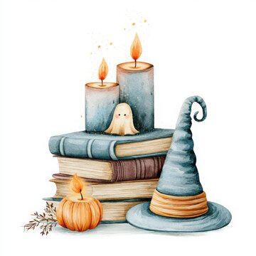 Witch Hat with Spell Books, Ghost Candle, and Halloween Candles Watercolor Clipart