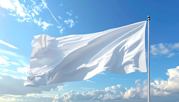 Waving blank white flag against a bright blue sky with clouds, symbolizing peace, surrender, or a blank canvas for new beginnings