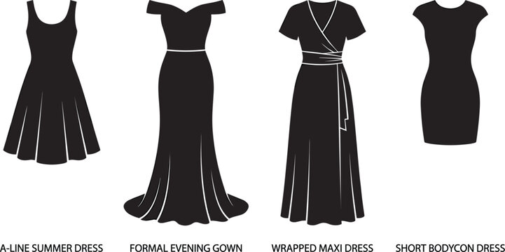 Womens Fashion Dress Silhouette Icon Set with A-Line Summer Dress Formal Evening Gown Wrapped Maxi Dress and Short Bodycon Dress Layouts