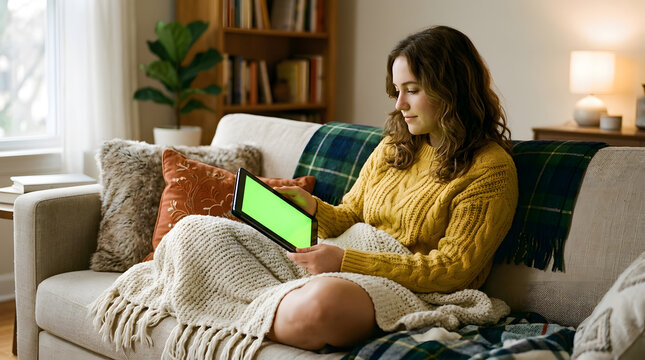 Woman sitting on a beige couch with green mockup tablet in cozy living room with bookshelf and window