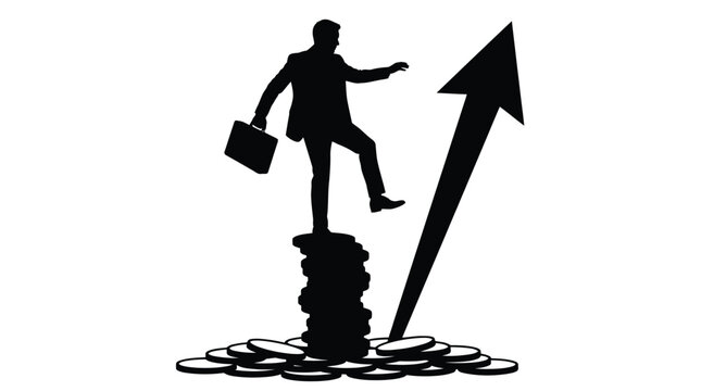 Professional silhouette of a business person standing on a tall stack of currency coins next to a rising growth arrow in this minimalist black and white vector graphic design illustration.