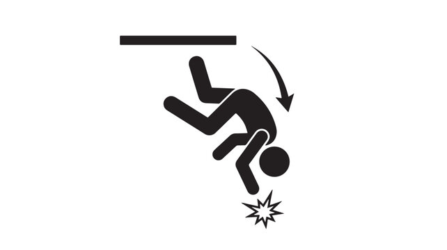 Falling person pictogram, black stick figure tumbling from height, industrial safety warning icon for workplace accident prevention