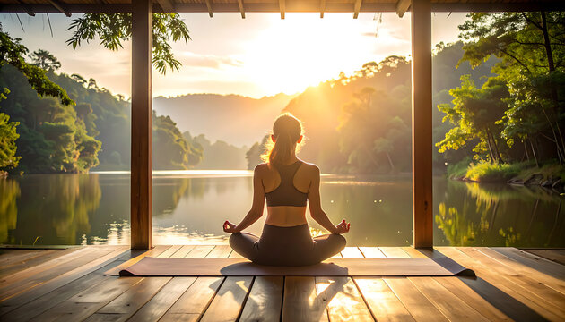 Woman meditating at sunrise on a wooden deck overlooking a serene lake and lush forest, peaceful morning yoga