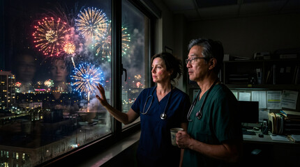 Obraz premium Woman doctor and man doctor looking at fireworks from hospital window. Medical staff on duty during celebration. Tired healthcare workers taking a break during New Year Eve holiday.