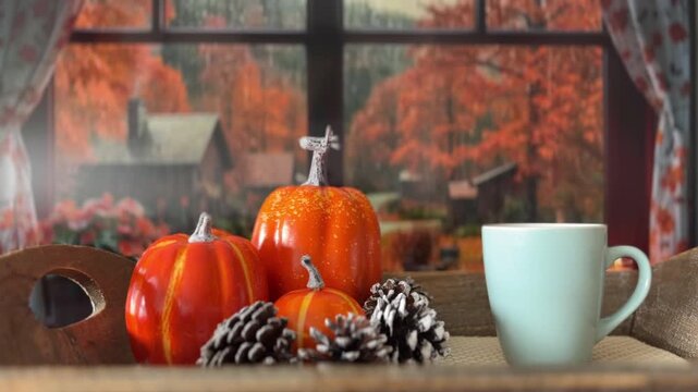 Taza humeante con decoraci&oacute;n oto&ntilde;al junto a ventana lluviosa