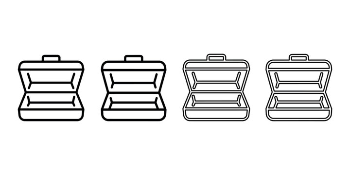 Collection of four simple line art illustrations depicting open storage containers or boxes for packing and industrial logistics and shipping services theme.