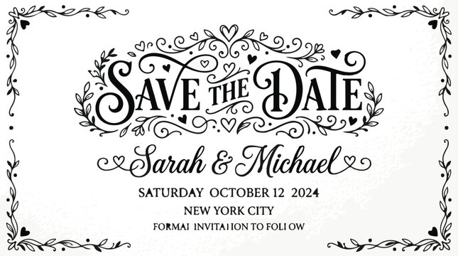 Save the date wedding invitation card template with elegant floral decorative border.